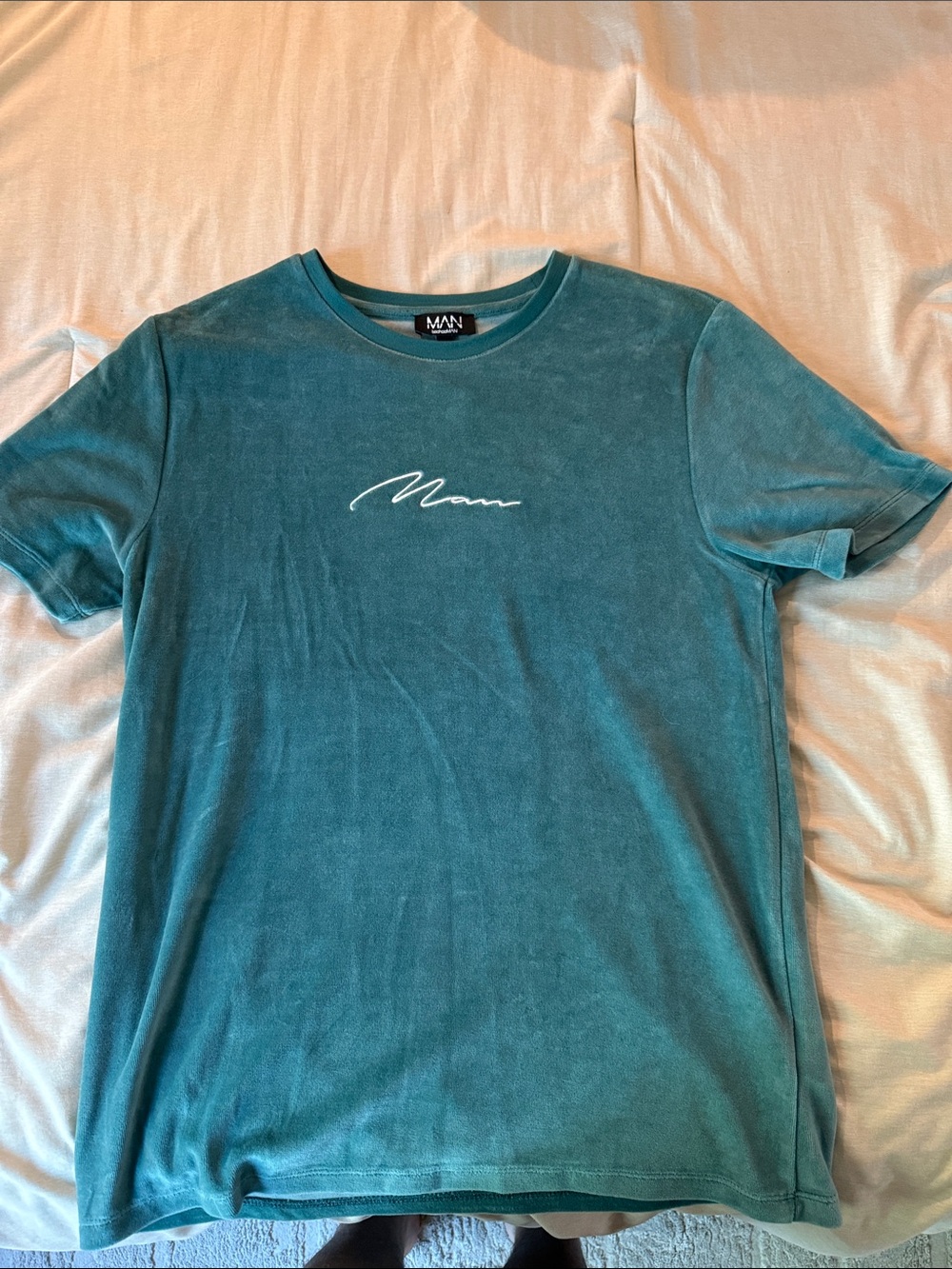 Boohoo Teal Script Logo Short Sleeve Crew Neck Tee
